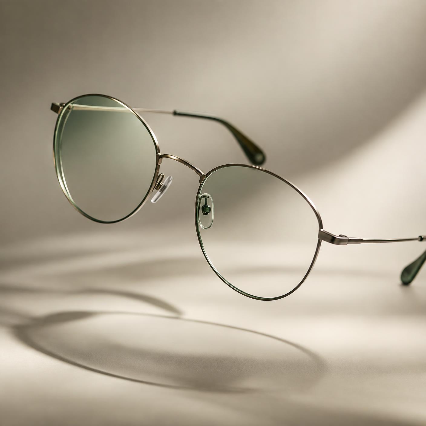 Thin metal Rewears eyeglasses floating in warm studio light